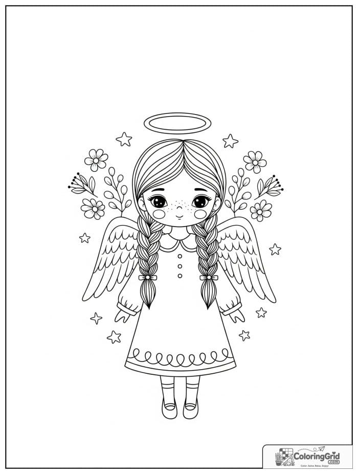 Cute angel girl with braided hair and wings.