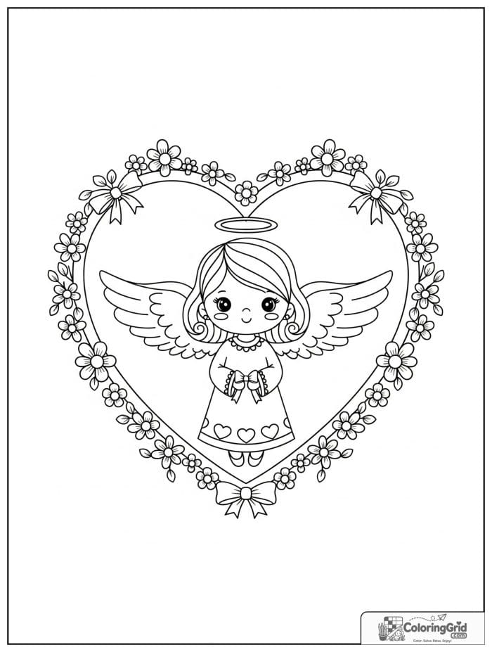 Cute angel inside a heart-shaped frame.