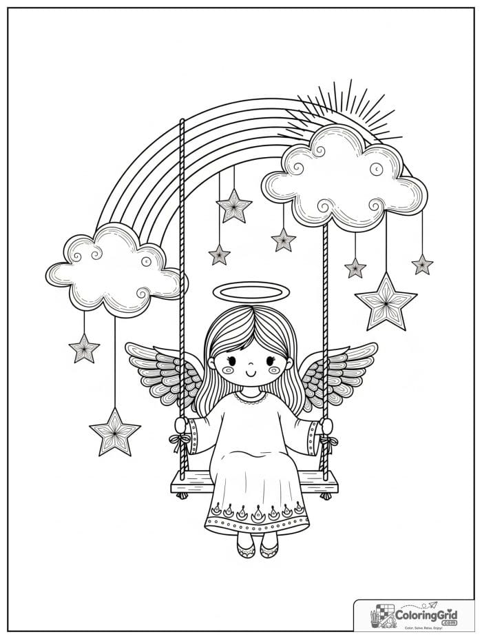 Happy angel sitting on a swing under a rainbow.