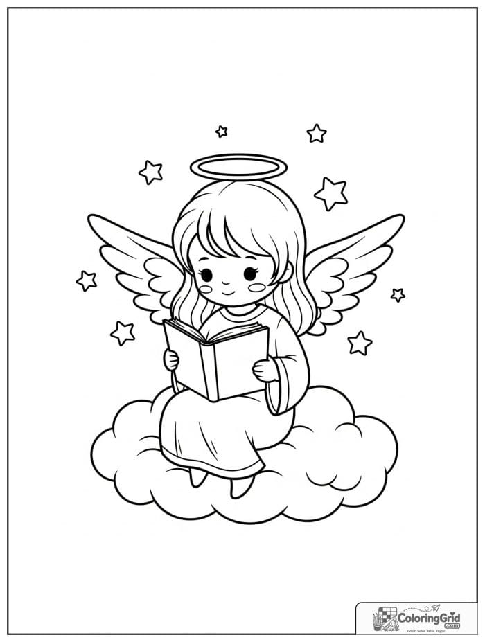 Angel sitting on a cloud reading a book.