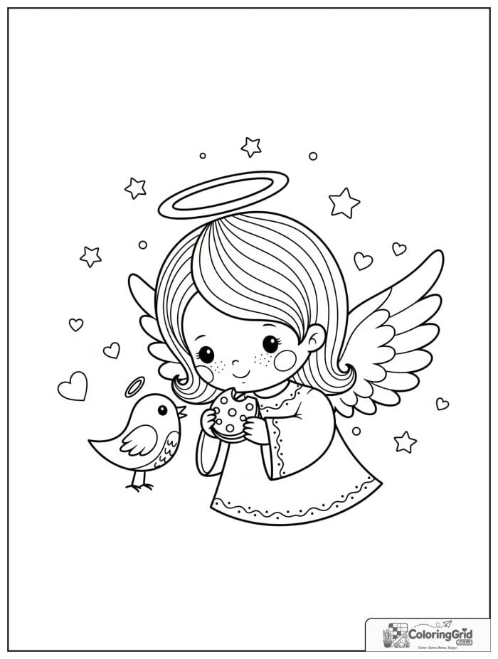 Sweet angel sharing a cookie with a tiny bird.