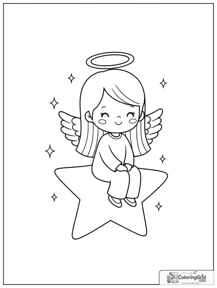 Smiling angel sitting on a big star.