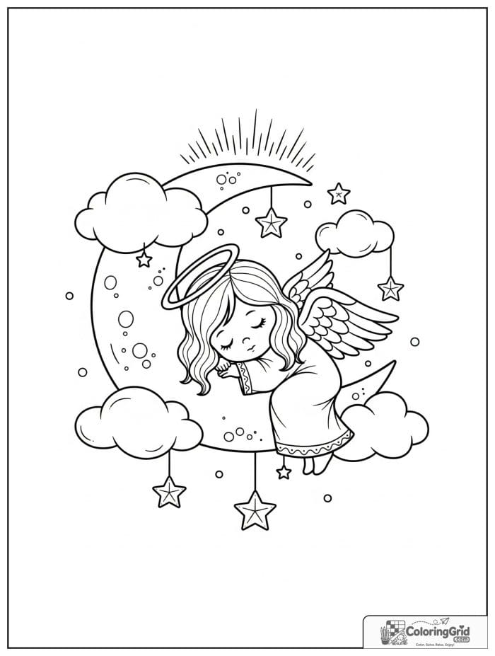 Sleepy angel resting on a crescent moon.