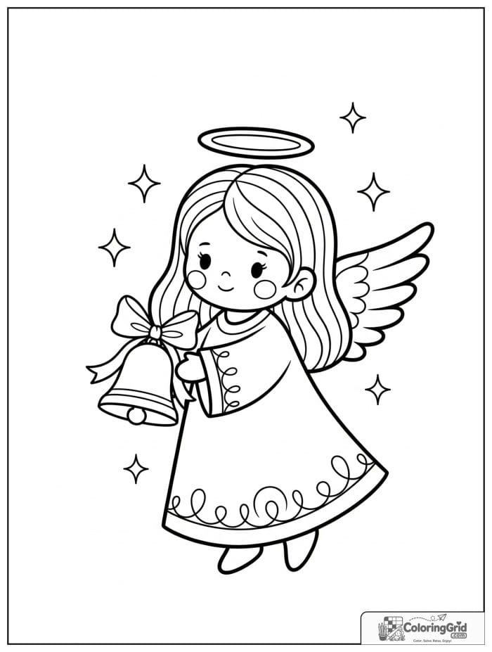 Cute angel holding a bell with ribbon.