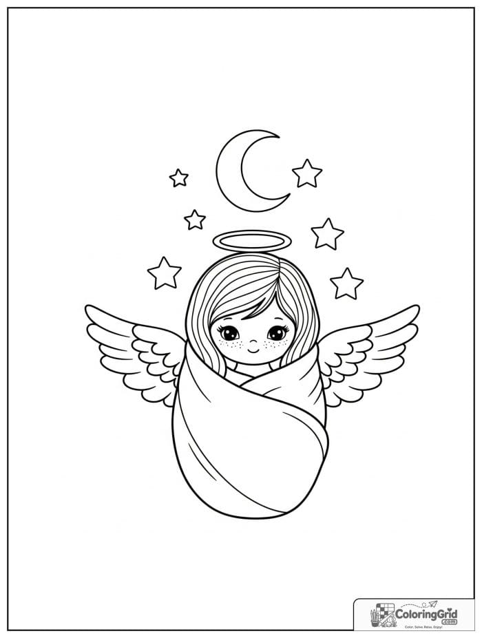 Cozy angel wrapped in a blanket with moon and stars.