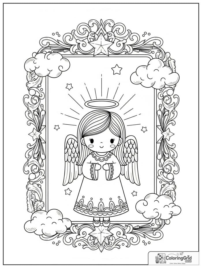 Cute angel surrounded by fluffy clouds and stars.