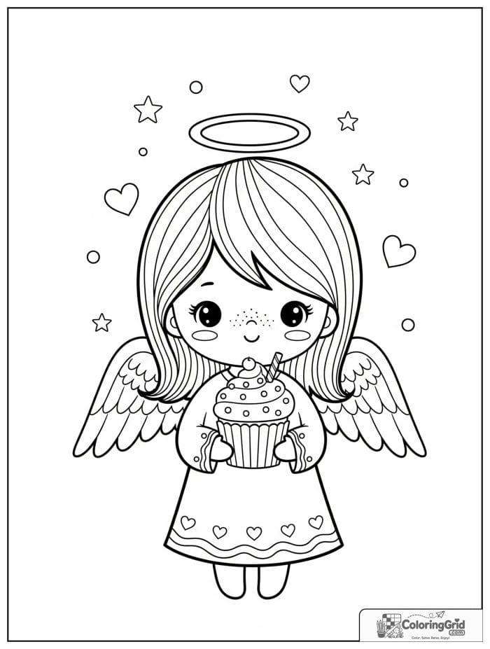 Cute angel holding a cupcake.