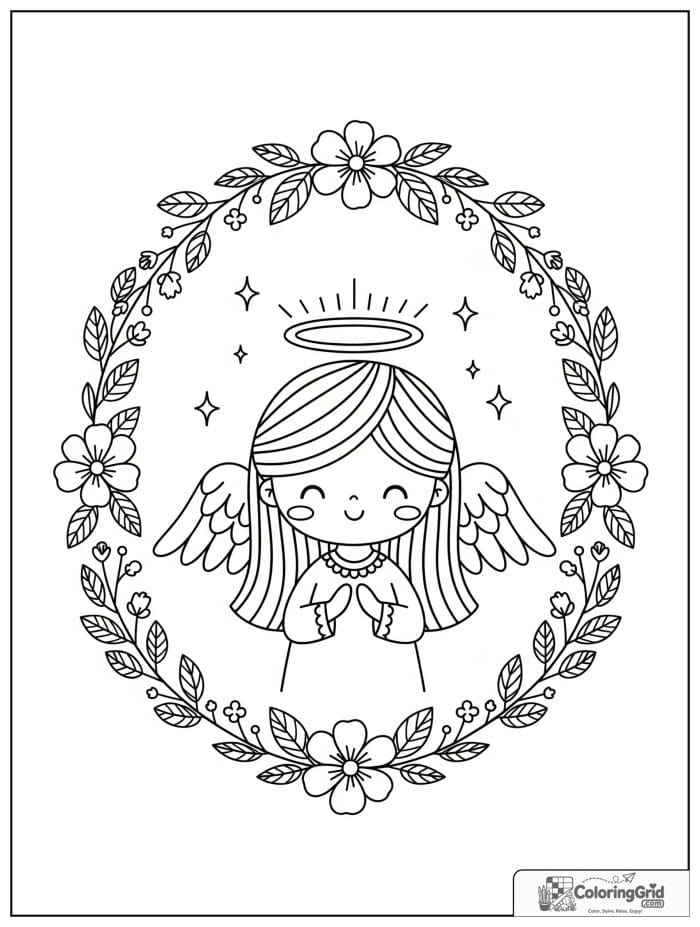 Smiling angel inside a floral wreath frame.