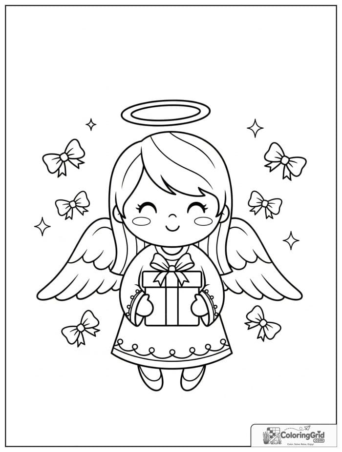 Smiling angel holding a wrapped gift box.
