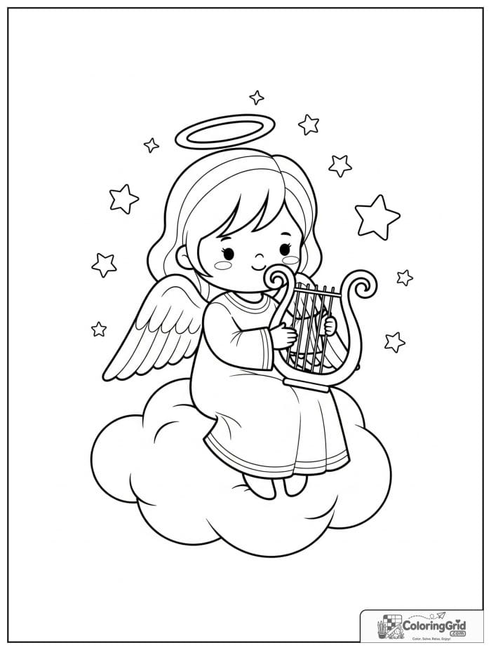 Angel sitting on a cloud playing a harp.
