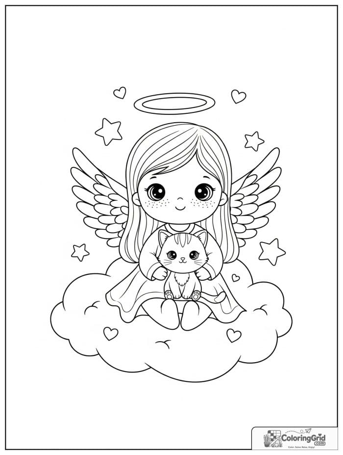 Cute angel sitting with a kitten on a cloud.