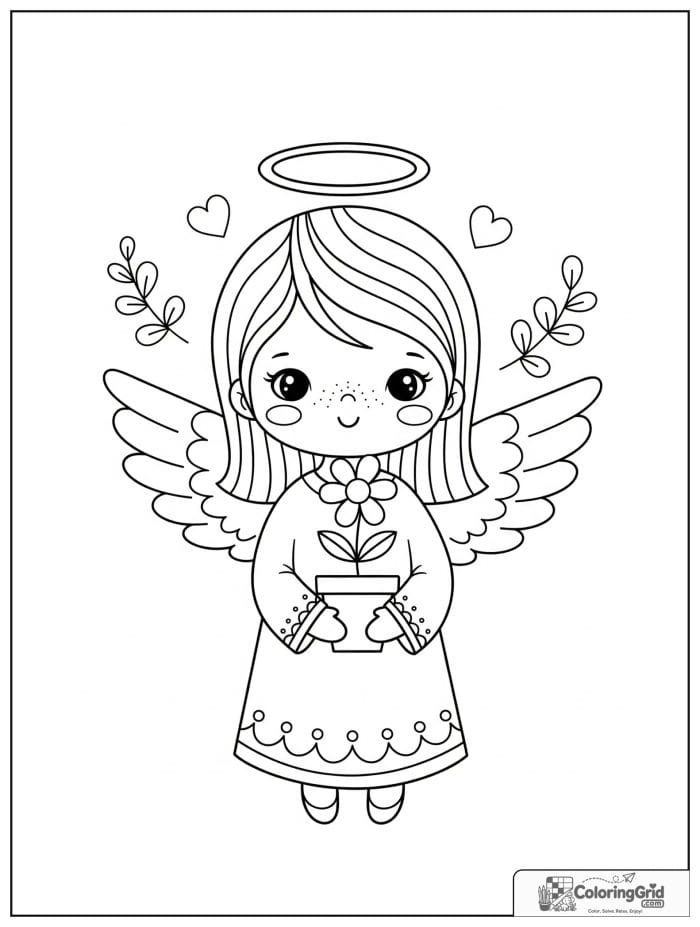 Cute angel holding a small potted flower.