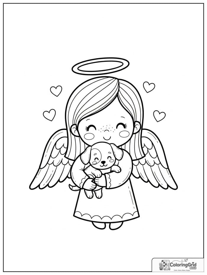 Smiling angel holding a puppy and hearts.