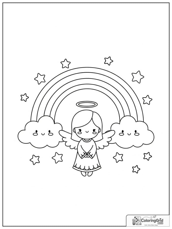 Cheerful angel under a rainbow with clouds.
