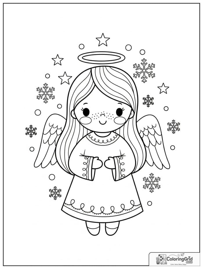 Cheerful angel surrounded by snowflakes and stars.
