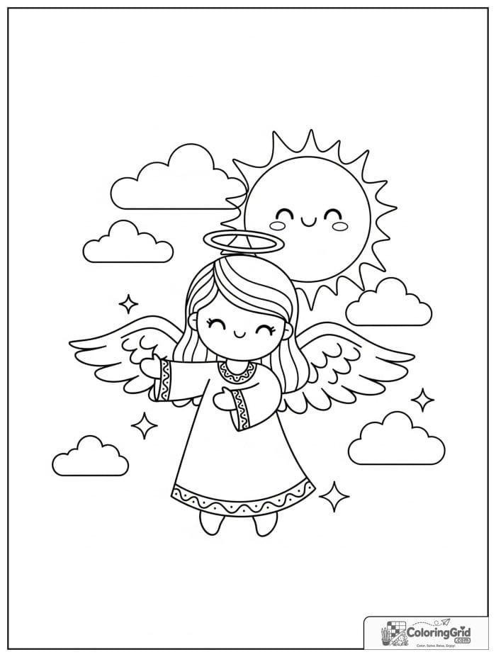 Joyful angel with sun and clouds.