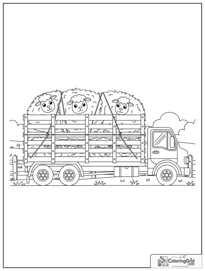 Truck coloring page featuring a farm transport truck carrying sheep.
