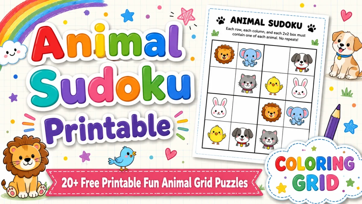 Animal Sudoku Printable featured illustration for Animal Sudoku Printable: 20+ Free Animal Grid Puzzles