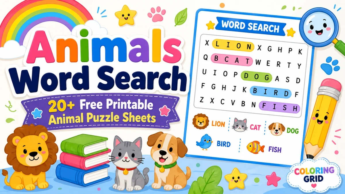 Animals Word Search featured illustration for Animals Word Search: 20+ Free Printable Animal Puzzle Sheets
