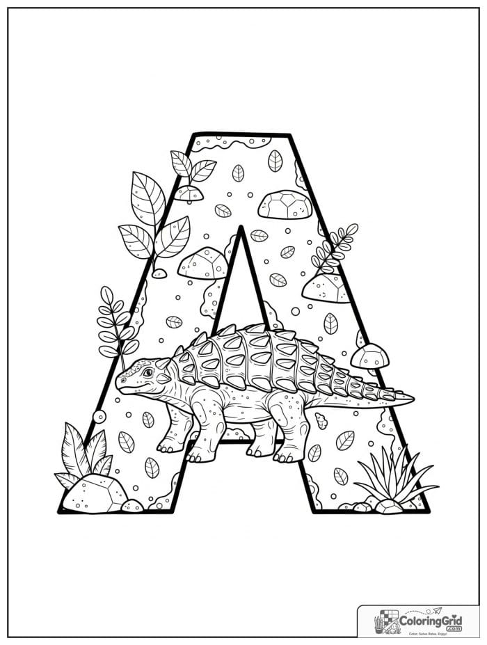 Ankylosaurus coloring page featuring a large letter A and an ankylosaurus.