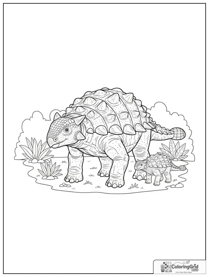 Ankylosaurus coloring page featuring an adult and baby ankylosaurus together.