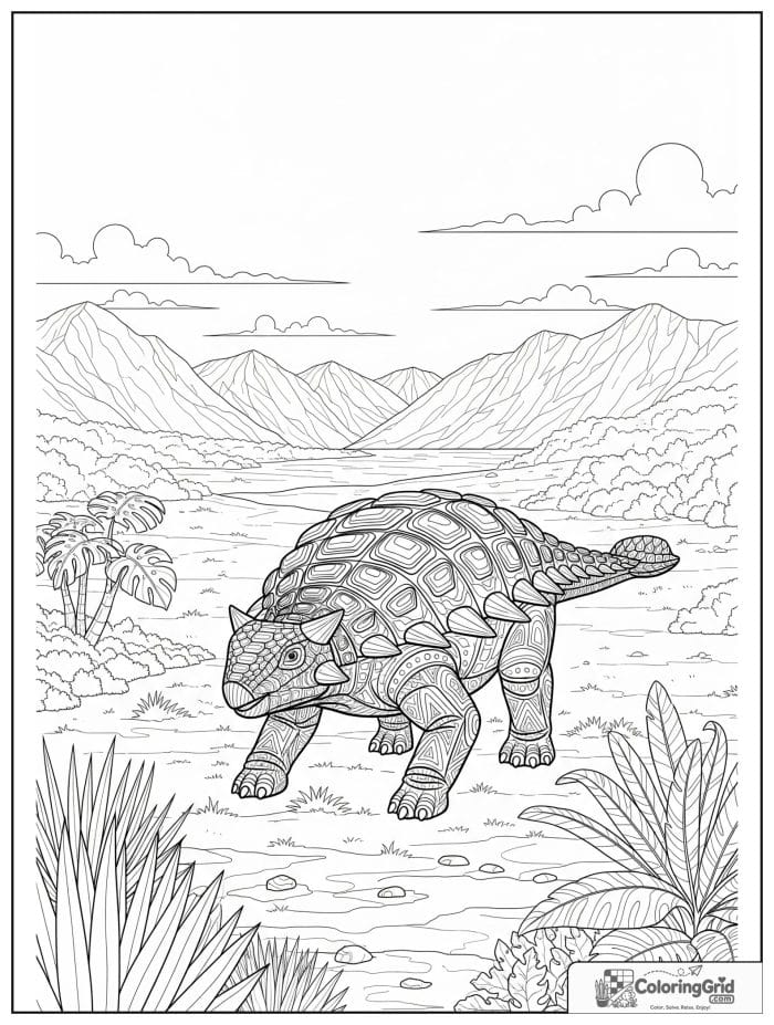 Ankylosaurus coloring page featuring an ankylosaurus with distant mountains.