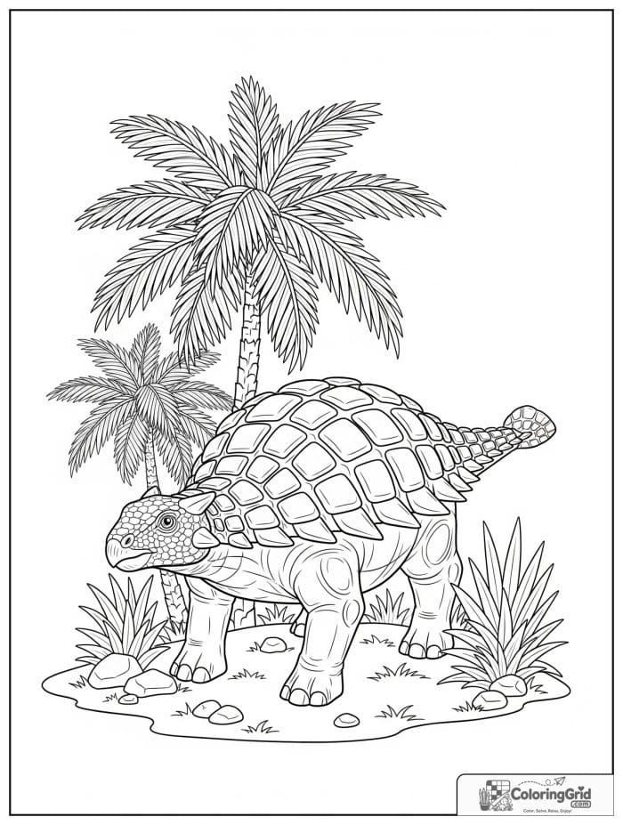 Ankylosaurus coloring page featuring an ankylosaurus beside palm-like prehistoric plants.