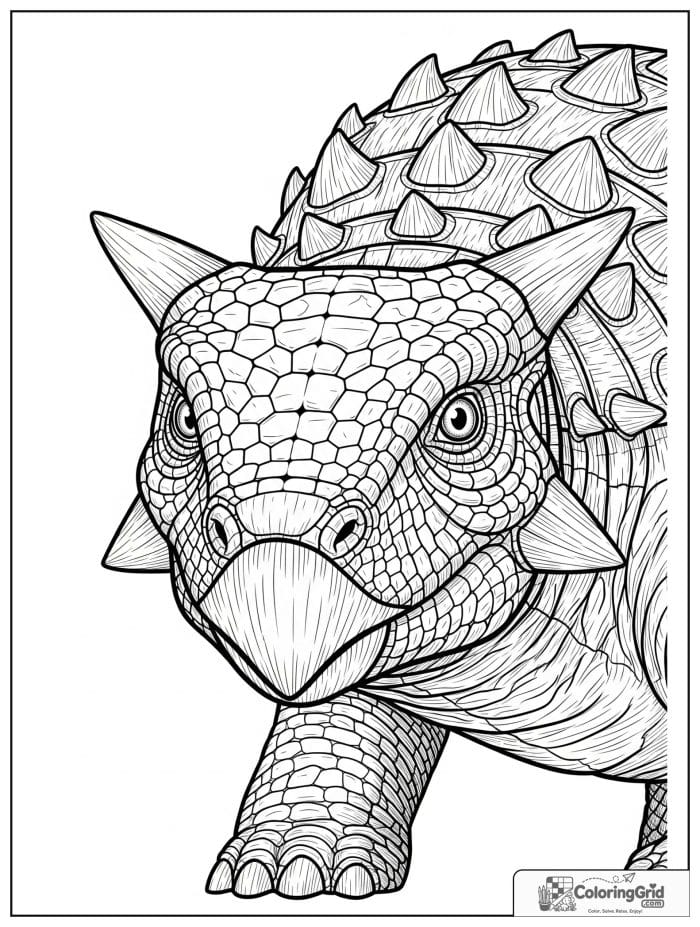 Ankylosaurus coloring page featuring a close-up study of an ankylosaurus head.