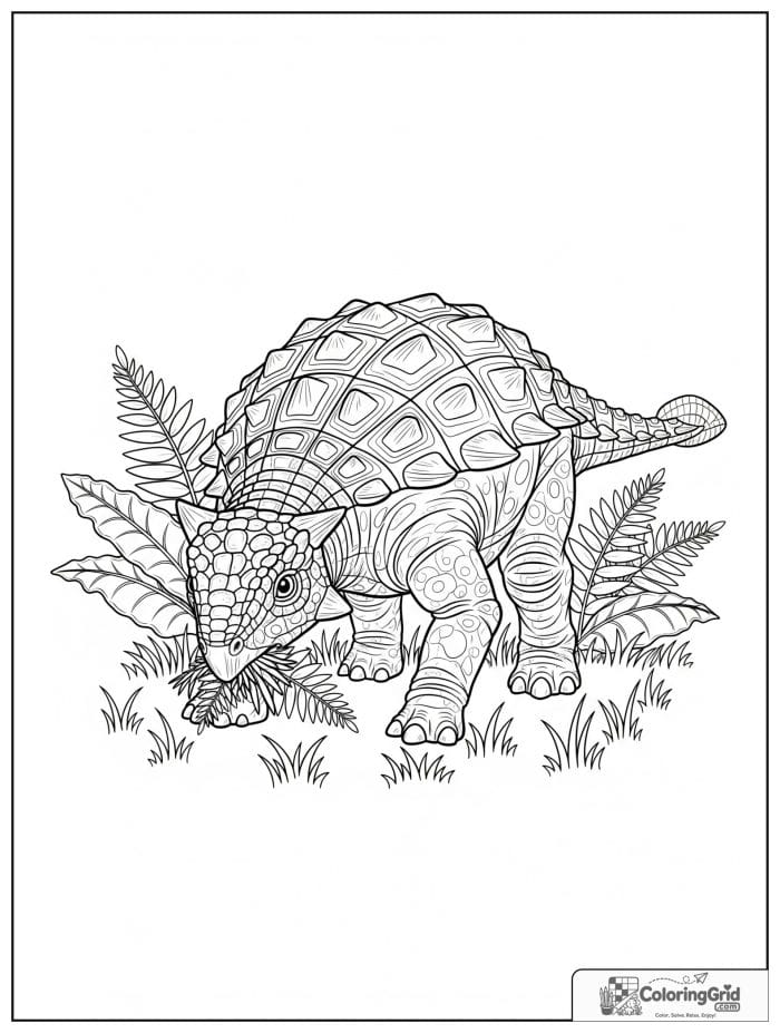 Ankylosaurus coloring page featuring an ankylosaurus eating ferns.