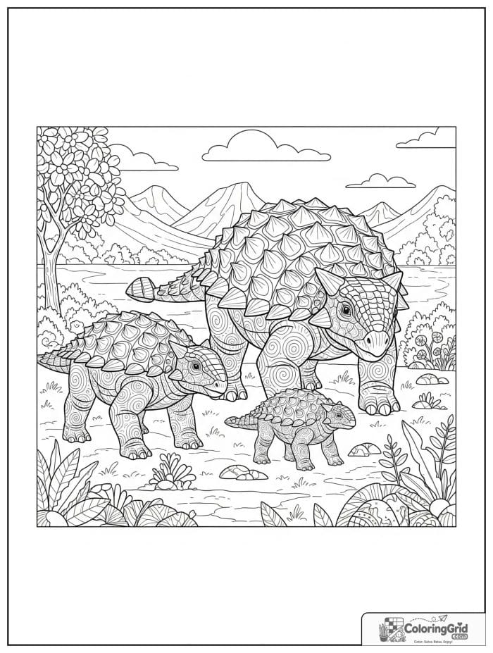 Ankylosaurus coloring page featuring a family of ankylosaurus dinosaurs.