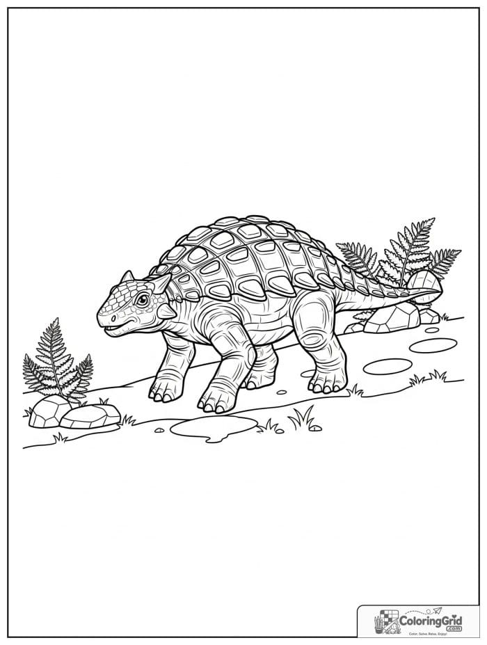 Ankylosaurus coloring page featuring an ankylosaurus leaving footprints.