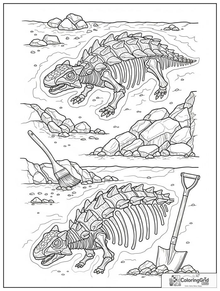 Ankylosaurus coloring page featuring a fossil dig scene.
