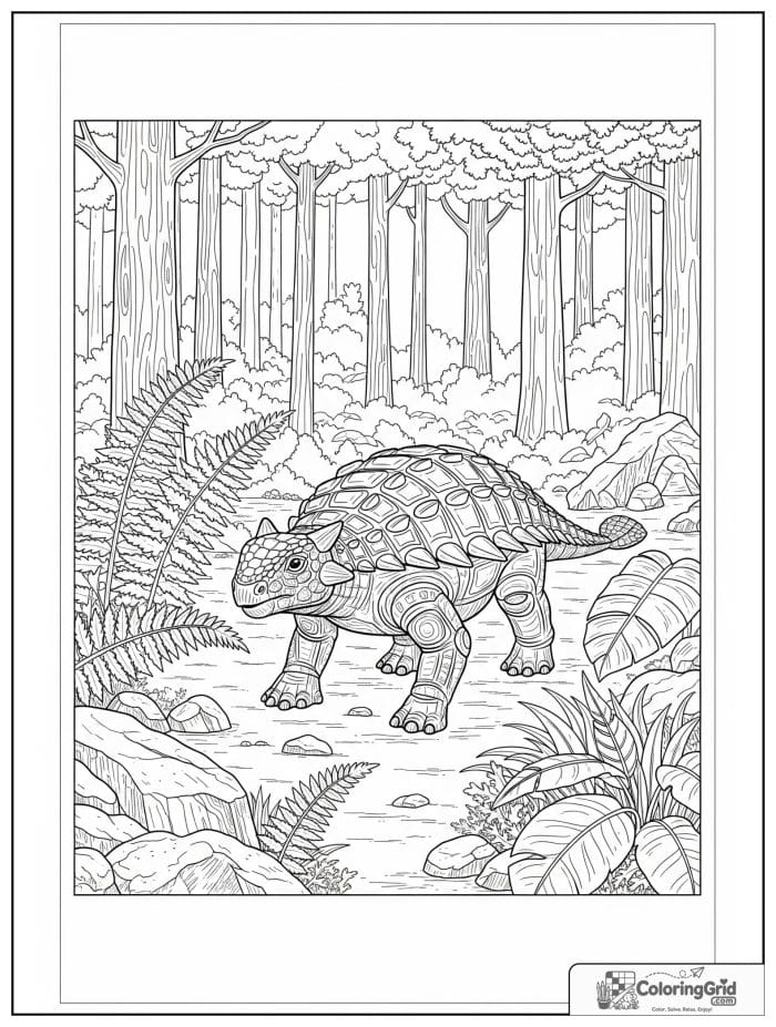 Ankylosaurus coloring page featuring an ankylosaurus in a prehistoric forest.