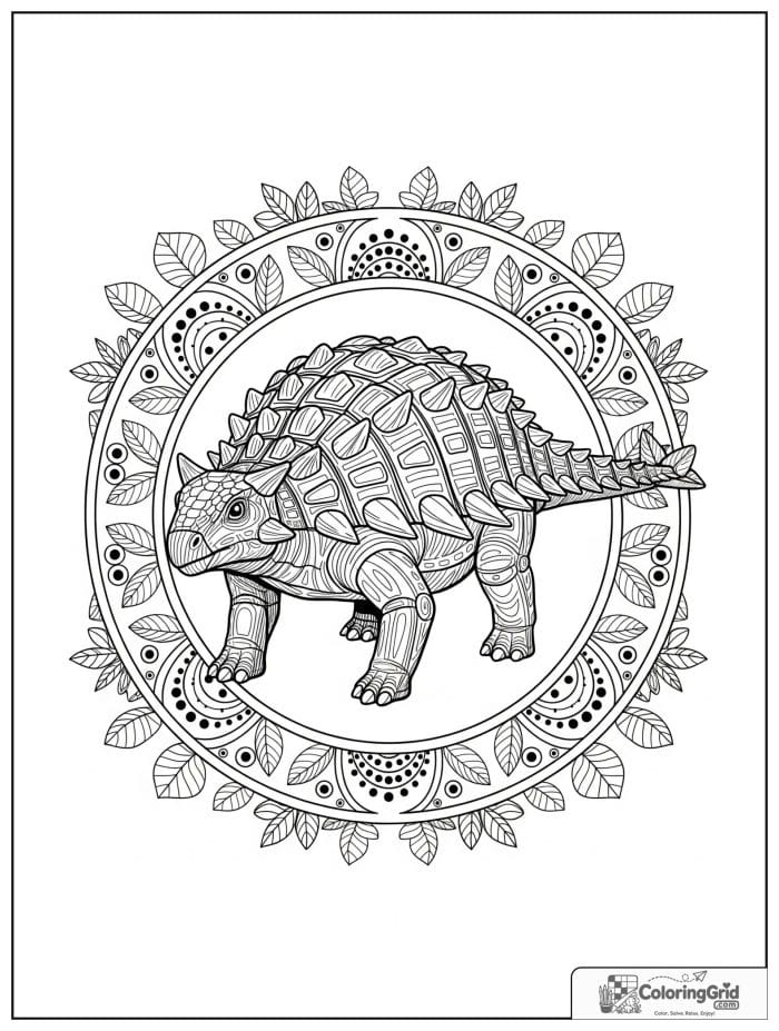 Ankylosaurus coloring page featuring an ankylosaurus inside a mandala-inspired border.