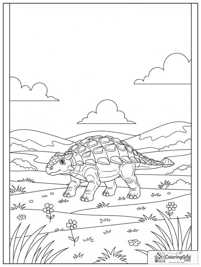 Ankylosaurus coloring page featuring an ankylosaurus in a meadow scene.