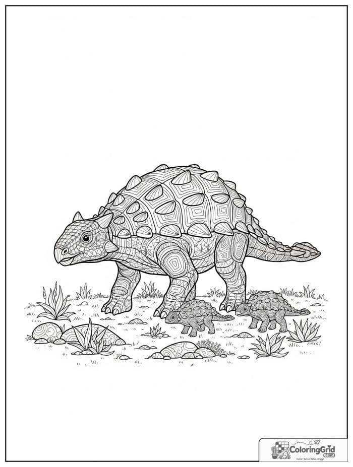 Ankylosaurus coloring page featuring a mother ankylosaurus with two babies.