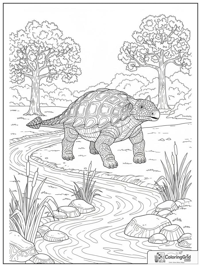 Ankylosaurus coloring page featuring an ankylosaurus near a river.