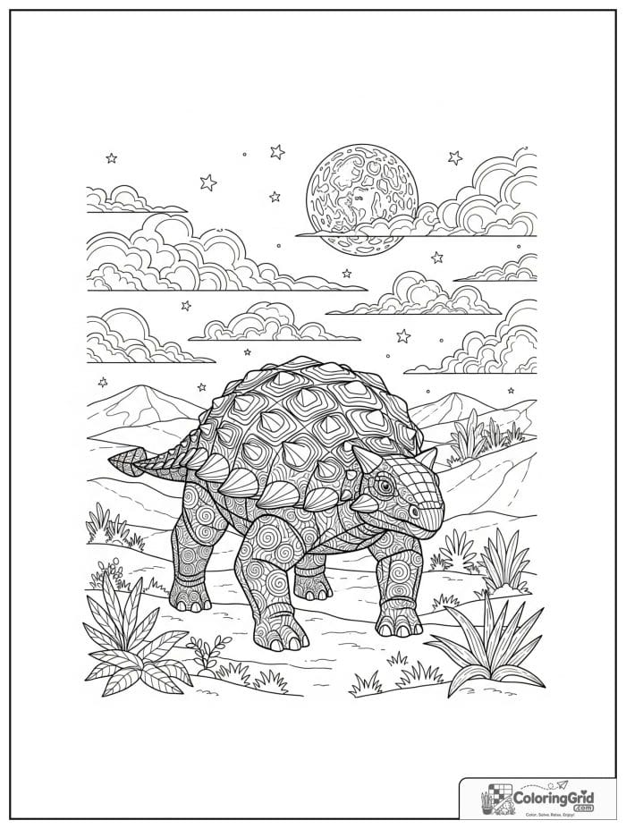 Ankylosaurus coloring page featuring an ankylosaurus under a night sky.