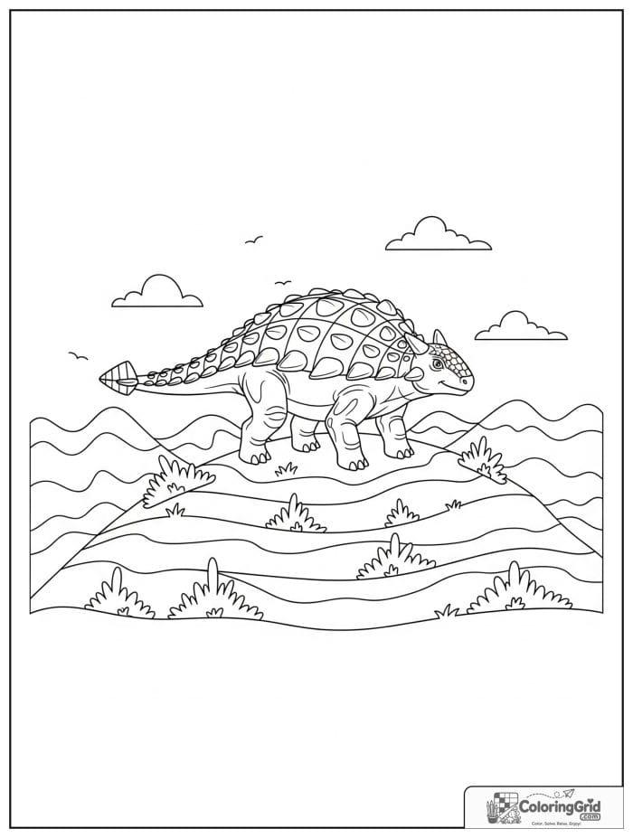 Ankylosaurus coloring page featuring an ankylosaurus standing on a hilltop.