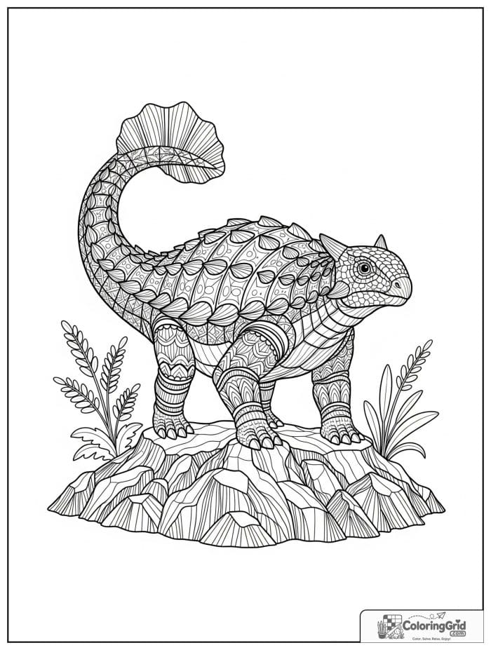 Ankylosaurus coloring page featuring an ankylosaurus standing on a rocky mound.