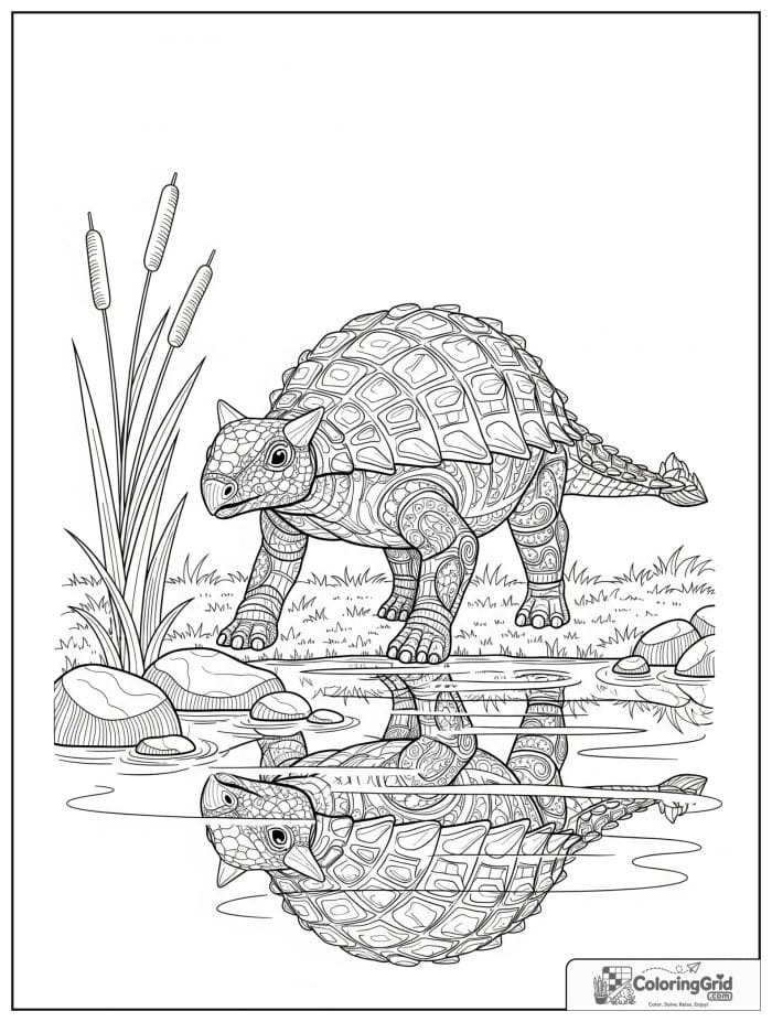 Ankylosaurus coloring page featuring an ankylosaurus by a pond.