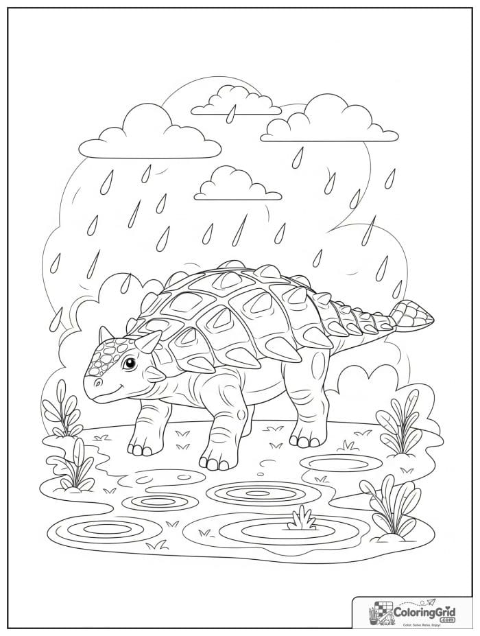 Ankylosaurus coloring page featuring an ankylosaurus in a rain scene.
