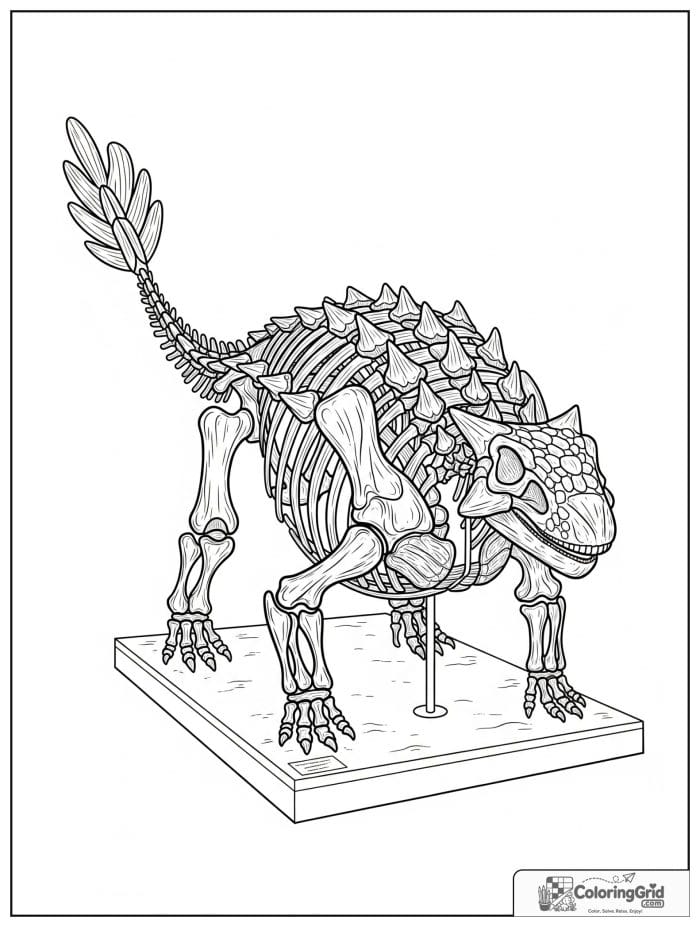Ankylosaurus coloring page featuring an ankylosaurus skeleton display.