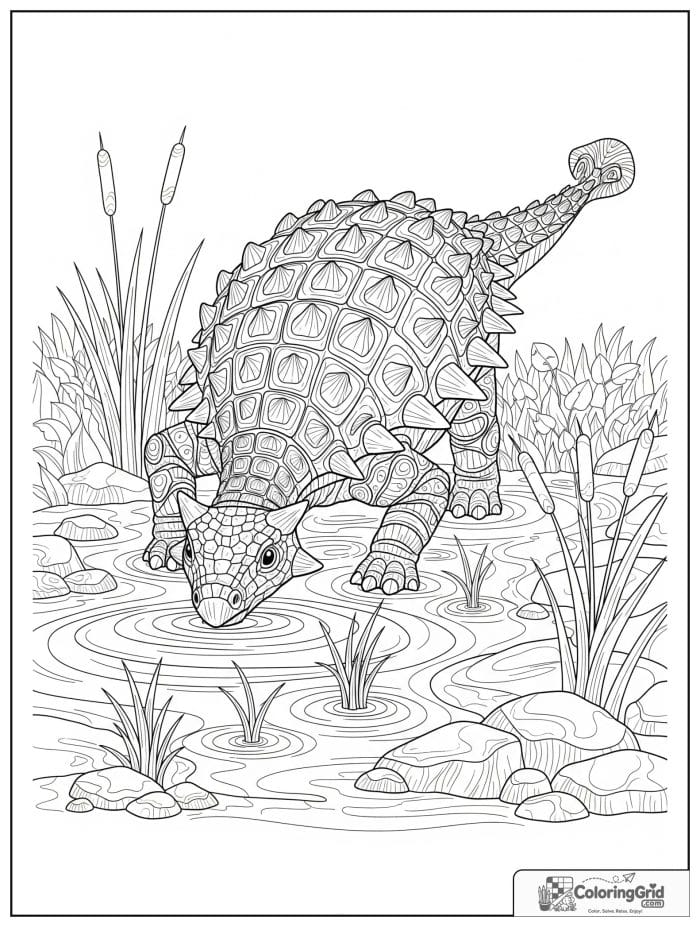 Ankylosaurus coloring page featuring an ankylosaurus at a watering hole.