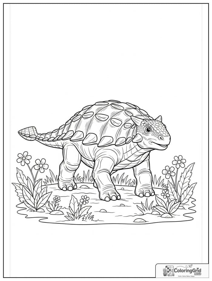 Ankylosaurus coloring page featuring an ankylosaurus with prehistoric flowers.
