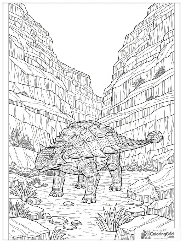 Ankylosaurus coloring page featuring an ankylosaurus in a rocky canyon.
