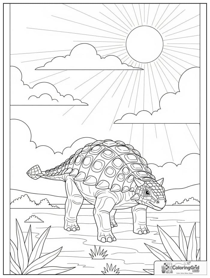 Ankylosaurus coloring page featuring an ankylosaurus under the sun and clouds.