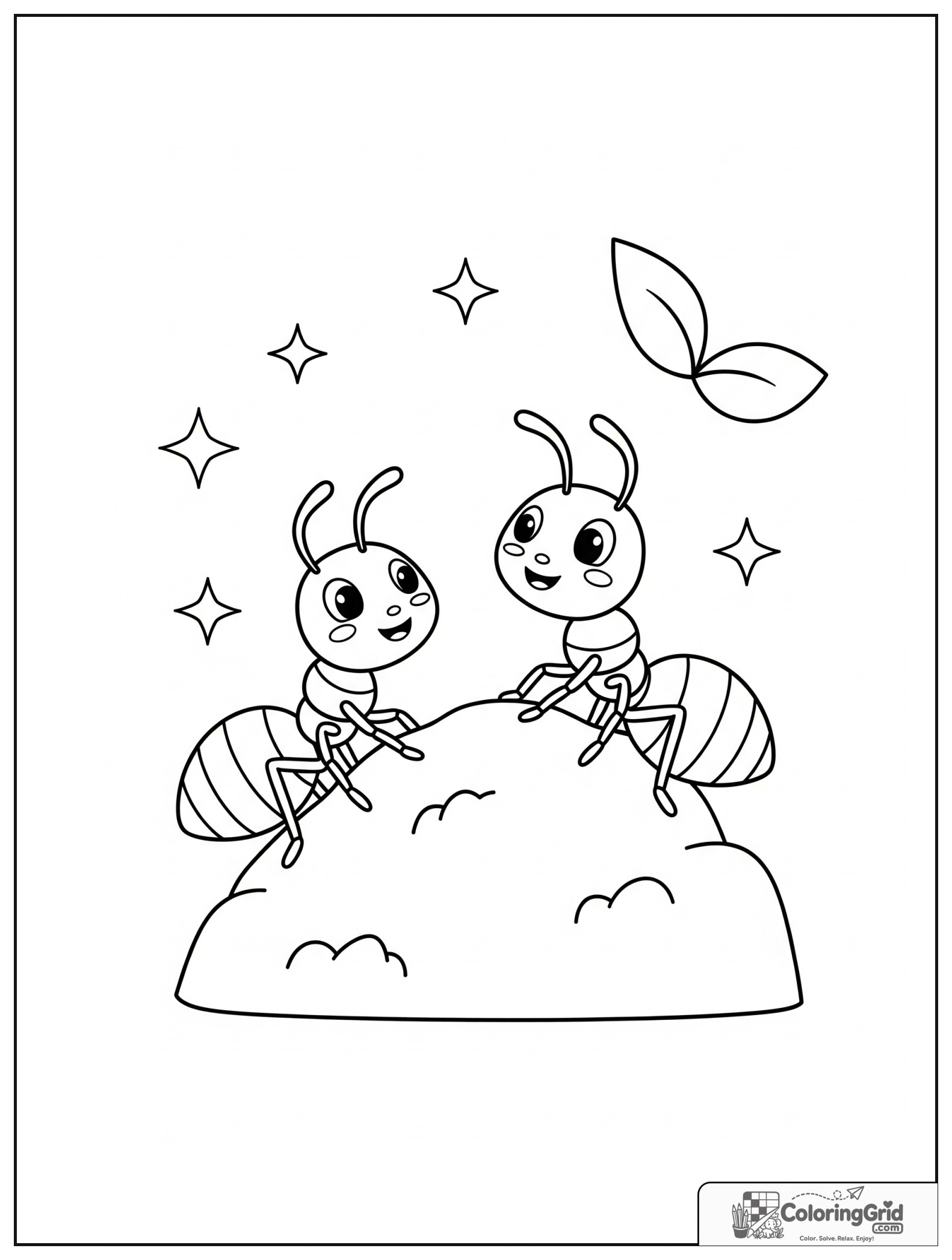 Cute ants on an anthill with small leaf and sparkle decorations.