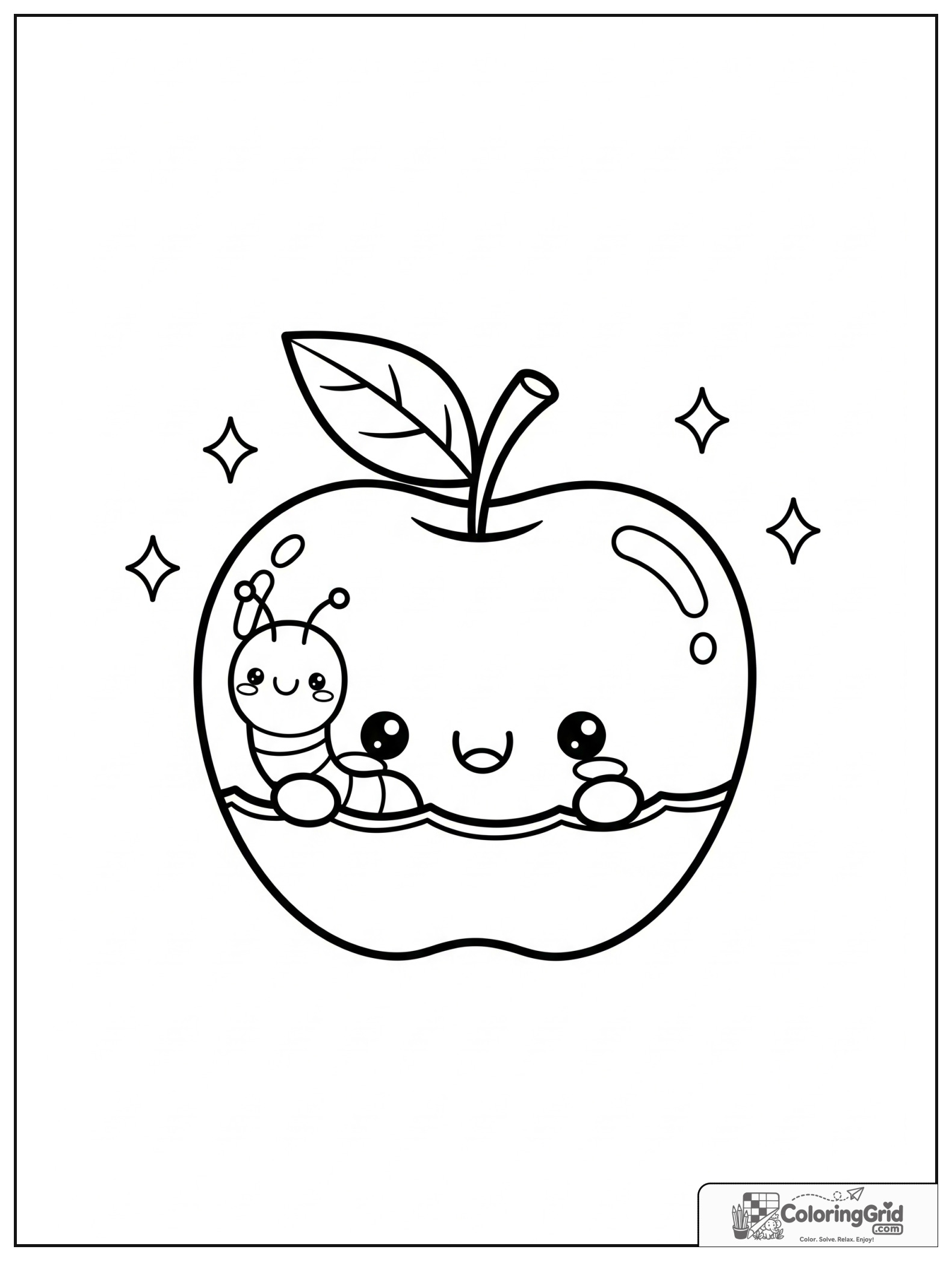 Cute apple with a worm friend and small sparkle decorations.