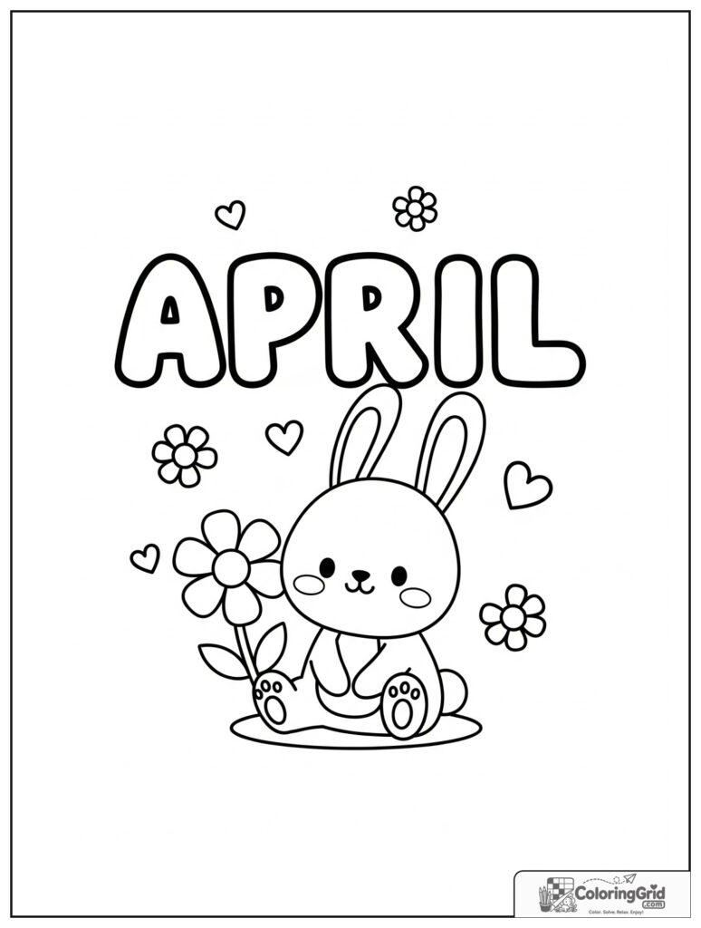 Cute April bunny with flower and small heart decorations.